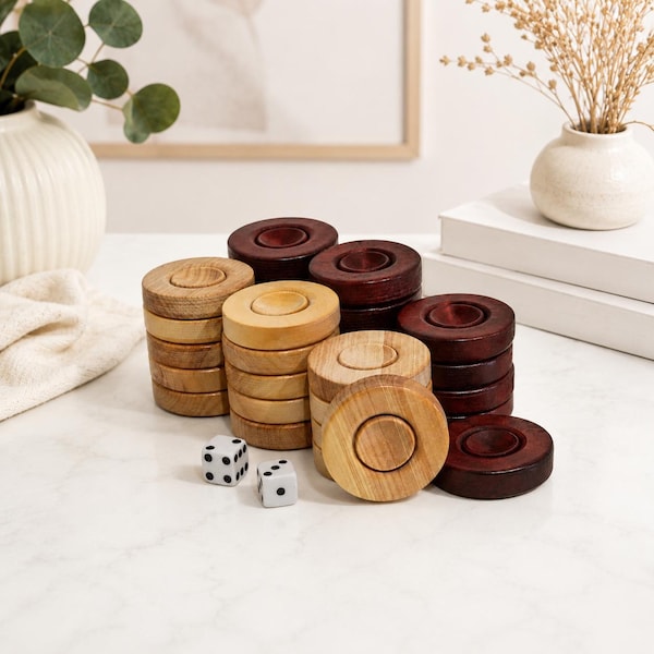 Juego de damas de backgammon de boj hechas a mano de 35 mm – 30 piezas de madera, dados y bolsa de almacenamiento, fichas de backgammon de repuesto