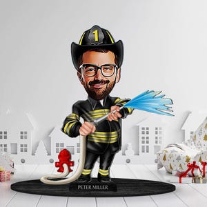 Bibelot personnalisé 3D en bois avec figurine de pompier, portrait de pompier de dessin animé personnalisé, cadeau d'anniversaire, cadeau de Noël, cadeau pour lui