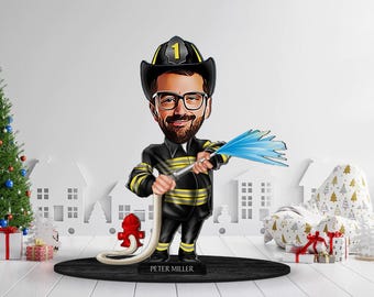 Personalized 3D Wooden Cartooned Fireman Figurine Trinket, Custom Cartoon Fire Fighter Portrait, Birthday Gift, Christmas Gift, Gift for Him