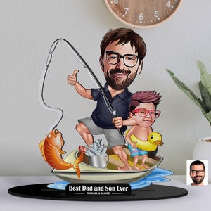 Personalizowana figurka 3D z drewna z tatą i synem rybakiem z kreskówek, najlepszy prezent dla taty, drewniany wystrój domu, prezent dla męża, rybak