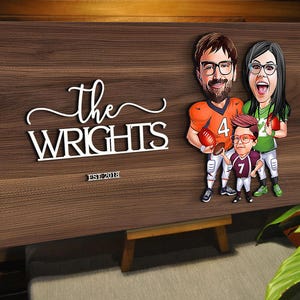 Personalized 3D Wooden Named Cartoon American Football Family Sign, Caricature Portrait, Wall Art, Home Decor, Birthday Gift, Family Gift