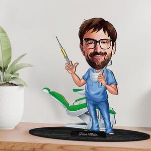 Figura de dentista de madera en 3D personalizada con dibujos animados, retrato de cirujano dental de dibujos animados personalizado, regalo familiar, regalo de Navidad, regalo para él
