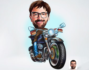 Personalisierte Karikatur Motorradfahrer Portrait, Custom Anniversary Karikatur Geschenkideen, Digitaler Download Motorradfahrer Geburtstag Geschenk für Ihn