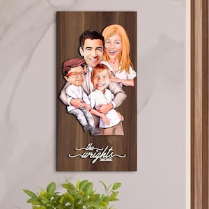 Personalized 3D Wooden Cartoon Family Wall Art, Custom Caricature Portrait, Anniversary Gift, Wood Sign, Wall Decor, Gift for Family