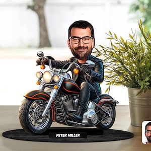 パーソナライズされた 3D 木製漫画バイク置物小物、カスタム漫画肖像画、誕生日プレゼント、クリスマス、記念日のギフト