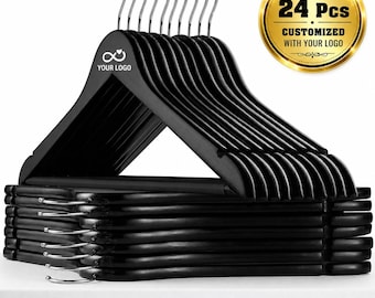 Custom Logo Clothes Hangers Set of 24 – Black or White Wood Look Plastic Hangers – Personalized Boutique Clothing Hangers