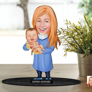 Gepersonaliseerde 3D houten cartoon verloskundige beeldje trinket, aangepaste cartoon verloskundige portret, verjaardagscadeau, kerstcadeau, cadeau voor haar