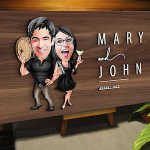 Personalized 3D Wooden Named Cartoon Couple Sign, Custom Caricature Couple Portrait, Valentines Gift, Home Decor, Anniversary Gift, Wall Art
