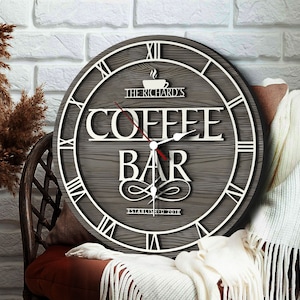 Personalized Coffee Bar Clock Sign, 3D Round Wooden Wall Clock, Custom Wood Sign, Home Bar Sign, Home Decor, Coffee Shop, Cafe Bar Decor