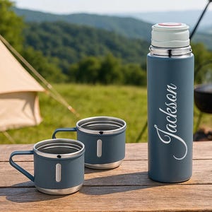 500ML Personalized Stainless Steel Thermos Gift Set – Grey Two Cup Travel Set with Name for Him or Her
