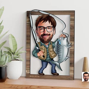 Spersonalizowana 3D drewniana rysunkowa sztuka ścienna rybaka, spersonalizowany rysunkowy portret rybaka, prezent świąteczny, prezent dla taty, prezent dla niego