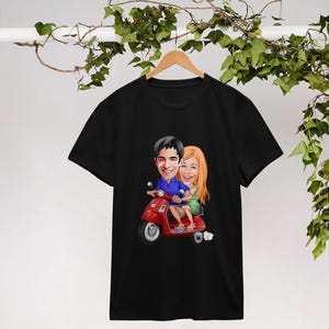 2 stuks zwarte T-shirts gepersonaliseerd met cartoon Valentijnsdag, T-shirt stel, bijpassende T-shirts, valentijnscadeau, cadeau stel, T-shirt op maat