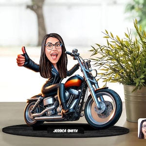 Personalized 3D Wooden Cartooned  Female Motorcycle Figurine Trinket, Custom Cartoon Portrait, Birthday Gift, Christmas, Anniversary Gift