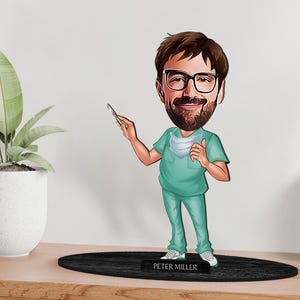 Spersonalizowana figurka chirurga z drewna 3D z kreskówek, spersonalizowany portret lekarza z kreskówek, prezent dla rodziny, prezent świąteczny, prezent dla niego