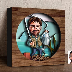 Personalizowany Rybak 3D Ręcznie Robiony Sześciowarstwowy Drewniany Pudełko Cienia, Niestandardowa Rama Pudełka Cienia 3D Z Kreskówek, Pudełko Cienia Wycinane Laserowo