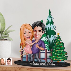 Figurina di famiglia in legno a 3 livelli con cartoni animati 3D personalizzati, ritratto di Natale personalizzato con cartoni animati, arte in legno, regalo di Natale, regalo di San Valentino