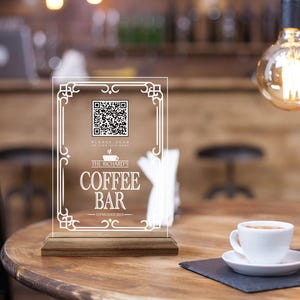 Placa de menu de código QR personalizada, placa de menu de bar e restaurante de madeira natural e acrílico personalizada, placa de código QR para café, decoração de mesa de código QR