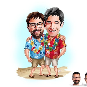 Retrato de dibujos animados de pareja de amantes de la playa personalizado, descarga digital, dibujo animado de playa, océano, verano, impresión Svg, decoración, regalo de San Valentín, regalo de verano