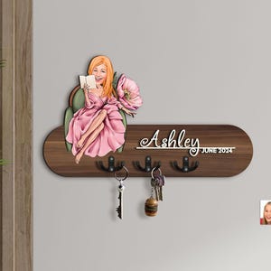 Gepersonaliseerde 3D hout cartoon portret organisator hal, aangepast karikatuurportret, houten sleutelhouder, houten muurhanger, cadeau voor haar