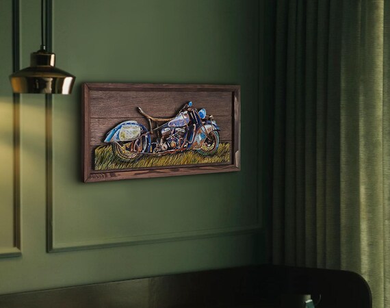 Handmade 3D Oak Tree Vintage Motorcycle Wood Painting, Custom Wood