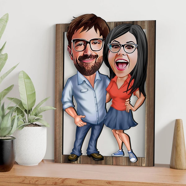 Portrait de couple personnalisé, art mural en bois de caricature 3D personnalisé, dessin animé personnalisé, cadeau d’anniversaire, cadeau de Saint-Valentin, cadeau de mariage