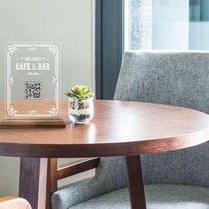 Letrero de menú con código QR hecho a medida, letrero de menú de bar y restaurante de madera natural y acrílico personalizado, letrero de código QR para cafetería, decoración de mesa con código QR