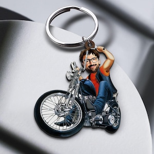 Sleutelhanger met gepersonaliseerde karikatuur motorrijder, cadeau voor hem, aangepaste sleutelhanger, cadeau vriendje, cartoonportret, cadeau voor motorrijder