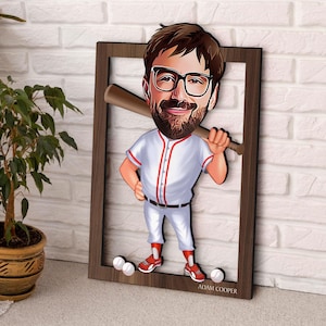 Gepersonaliseerde 3D houten cartoon honkbalspeler muurkunst, kerstcadeau, aangepaste cartoonportret, verjaardagscadeau, woondecoratie, cadeau voor hem