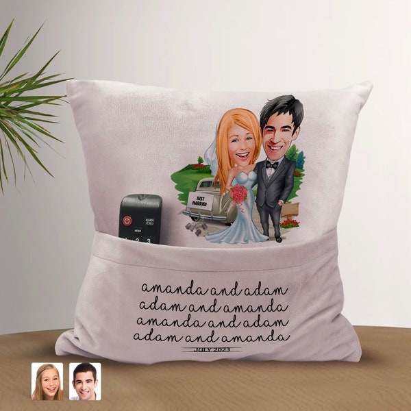 Personalized Marriage Cartoon Pillow with Pockets, Custom Fluffy Pillow, Home Decor, Wedding Gift, Pillow with Organizer, Valentines Gift