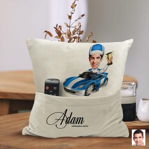 Personalized Racer Cartoon Pillow with Pockets, Custom Caricature Portrait Fluffy Pillow, Personalized Gift, Home Decor, Gift for Him