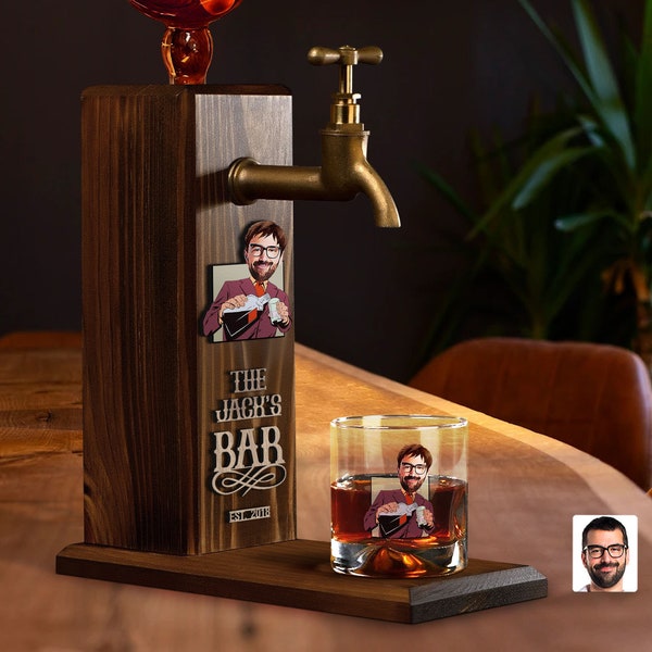 Personalized Wooden Embossed Cartooned Whiskey Dispenser and Whiskey Glass Set, VIP Gift Set, Whiskey Set, Anniversary Gift, Gift for Him