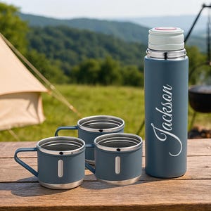 500ML Personalized Stainless Steel Thermos Gift Set – Grey Triple Cup Travel Set with Name for Him or Her