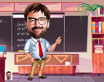 Personalized Teacher Caricature Drawing, Cartoon from Photo, Custom Portrait Drawing, Digital Art, Bobblehead, Funny Gift, Gift for Him