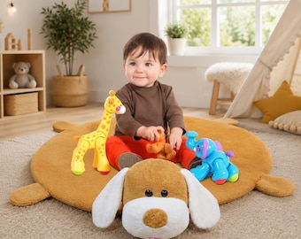 Dog Baby Play Mat 120 cm | Soft Cotton Floor Mat for Infants | Padded Nursery Play Rug | Tummy Time Baby Activity Mat