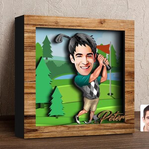 Personalizowany Golfer 3D ręcznie wykonany siedmiowarstwowy drewniany Shadow Box, niestandardowa rama Cartoon Golf 3D Shadow Box, wycinany laserowo Shadow Box