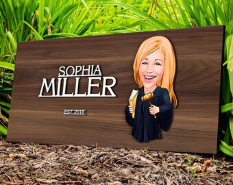 Personalized 3D Wooden Name Cartoon Judge Sign, Custom Caricature Adjudicator Portrait, Wood Wall Art, Rustic Home Decor, Gift for Her