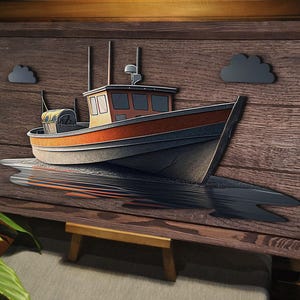 Handmade Oak Tree Sailboat / Fishing Boat Wood Painting, Custom Wood Wall Art, Home Decor, Wall Decor, Office Decor, Housewarming Gift