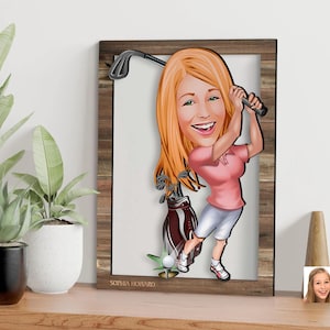 Spersonalizowana 3D drewniana grafika ścienna z postacią golfisty, spersonalizowany portret golfisty z postacią z kreskówki, prezent świąteczny, prezent dla mamy, prezent dla niej