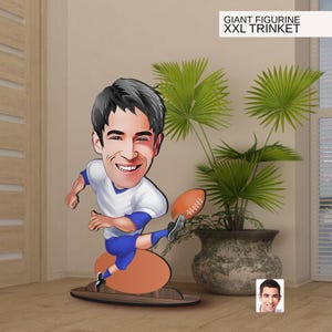 Figurina di grandi dimensioni personalizzata in legno 3D con personaggio dei cartoni animati del football americano, ritratto caricaturale, regalo per lui, arredamento per la casa, regalo di compleanno