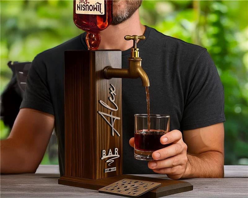 Personalized Embossed Named Wooden Whiskey Dispenser and Wood Coasters Set, Bar, Pub, Wine, Vodka, Liquor Dispenser, Wood Whiskey Fountain
