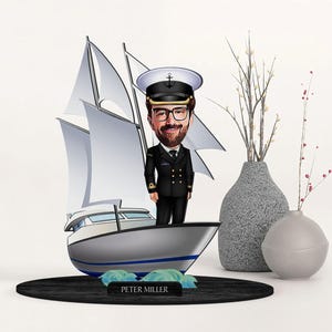 Spersonalizowana figurka kapitana statku z drewna 3D z kreskówek, spersonalizowany portret z kreskówek, prezent urodzinowy, prezent świąteczny, prezent rocznicowy