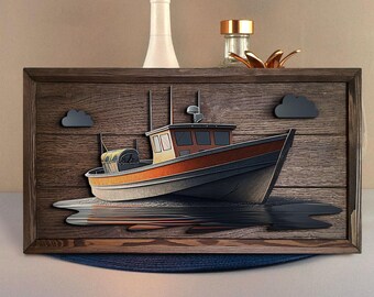 手作りオークツリーの帆船/釣り船の木製絵画、カスタム木製ウォール
