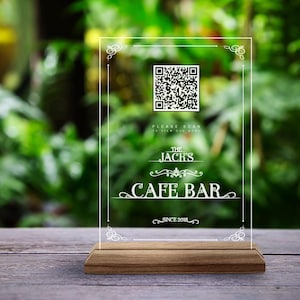 Letrero de menú con código QR hecho a medida, letrero de menú de bar y restaurante de madera natural y acrílico personalizado, letrero de código QR para cafetería, decoración de mesa con código QR