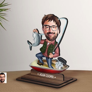 Figurina di pescatore in legno 3D personalizzata, regalo di Natale, caricatura personalizzata, ritratto di pesca, regalo per lui, arredamento per la casa