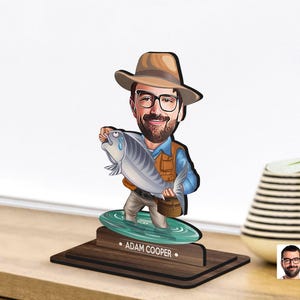 Bibelot personnalisé en bois 3D dessin animé pêcheur, cadeau de Noël, portrait de pêcheur caricature personnalisé, cadeau pour lui, décoration d'intérieur