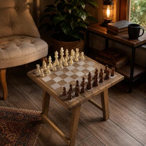 Pode incluir: Uma mesa de xadrez de madeira com um tabuleiro quadrado de casas de madeira clara e escura. A mesa está equipada com um conjunto completo de peças de xadrez de cor creme e castanho escuro, dispostas nas suas posições iniciais no tabuleiro.
