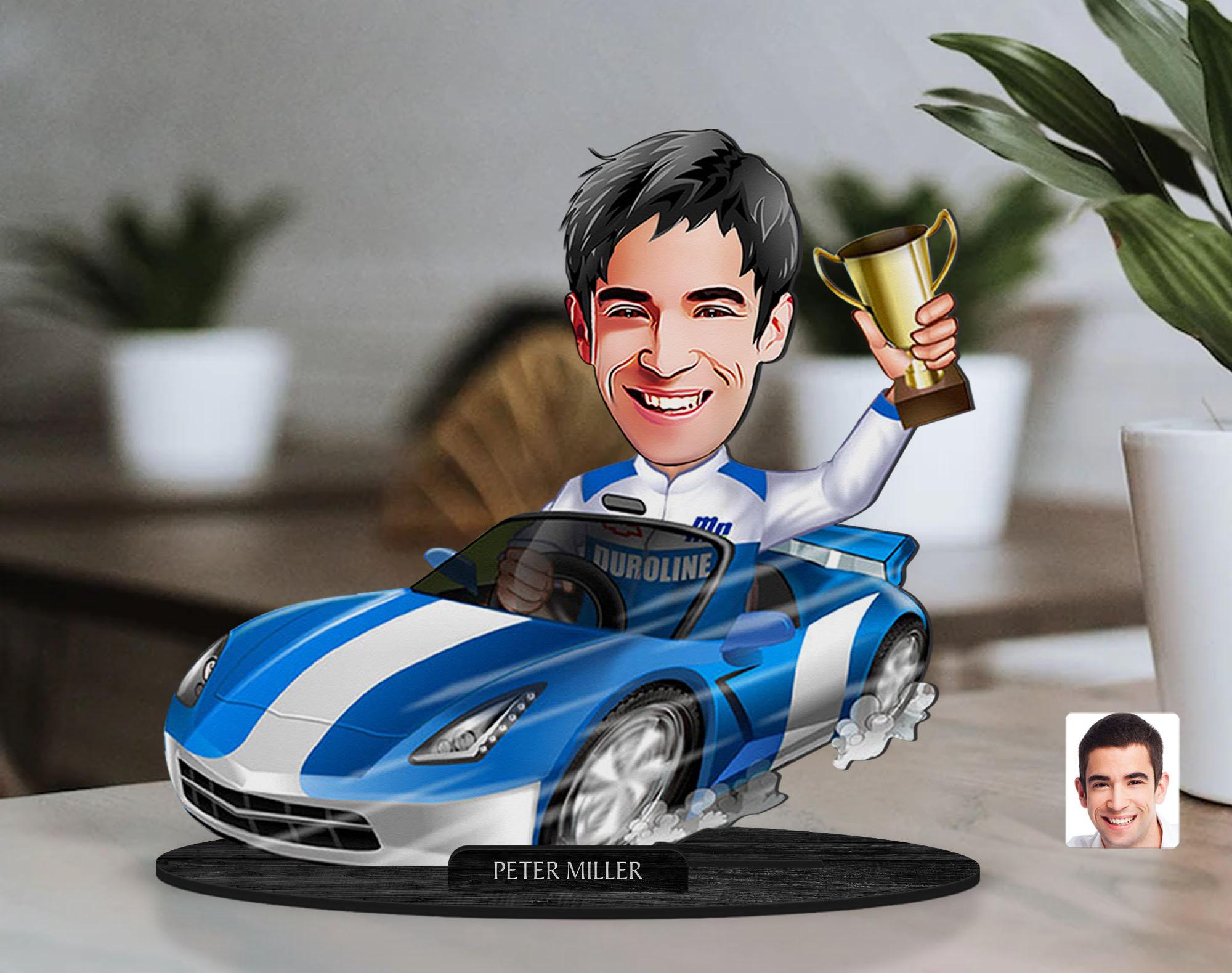 Personalized 3D Wooden Cartooned Rally Driver Figurine Trinket, Custom Cartoon Racer Portrait, Birthday Gift, Christmas Gift, Gift for Him