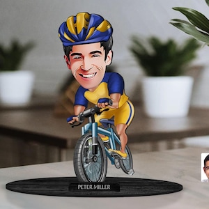Personalized 3D Wooden Cartooned Bicyclist Figurine Trinket, Custom Cartoon Bike Rider Portrait, Birthday Gift, Christmas Gift, Gift for Him