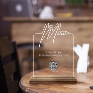 Letrero de menú con código QR hecho a medida, letrero de restaurante de madera natural y acrílico personalizado, letrero con código QR para cafetería, bar, decoración de mesa y escritorio con código QR