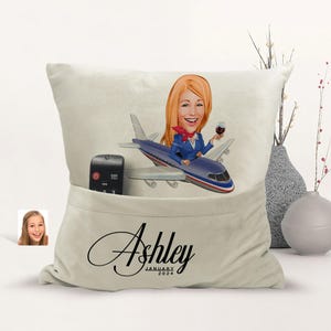Personalized Air Hostess Cartoon Pillow with Pockets, Custom Caricature Portrait Fluffy Pillow, Personalized Gift, Home Decor, Gift for Her